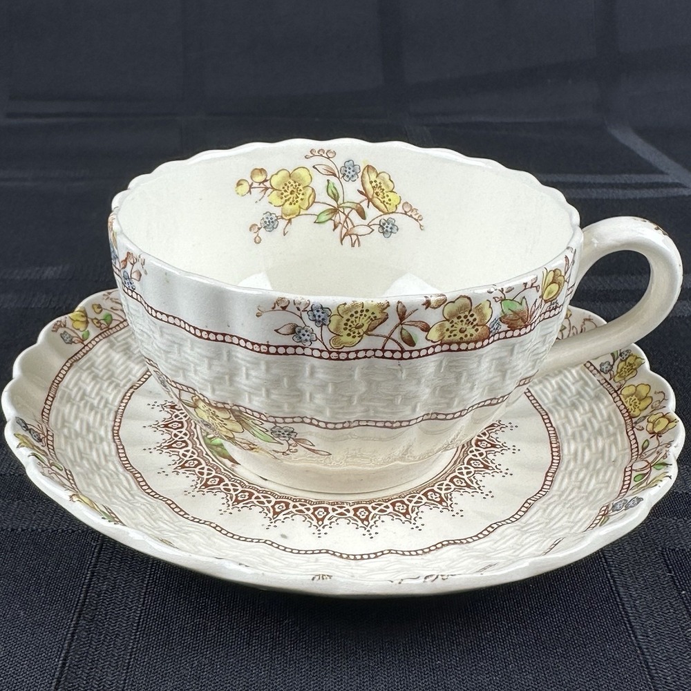 Spode Buttercup Teacup Saucer Set Copeland England Scalloped Floral Old Mark